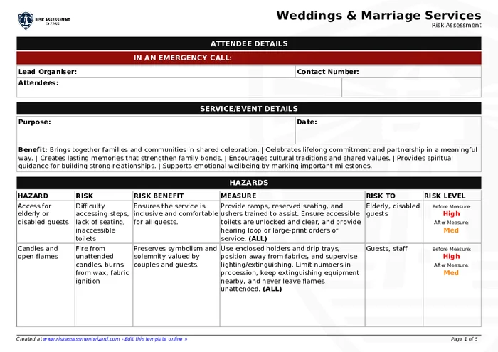 Weddings & marriage services Risk Assessment Template | Risk Assessment ...