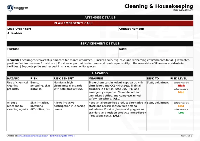 Cleaning Risk Register Example Cleaning & housekeeping Risk Assessment Template | Risk Assessment Wizard