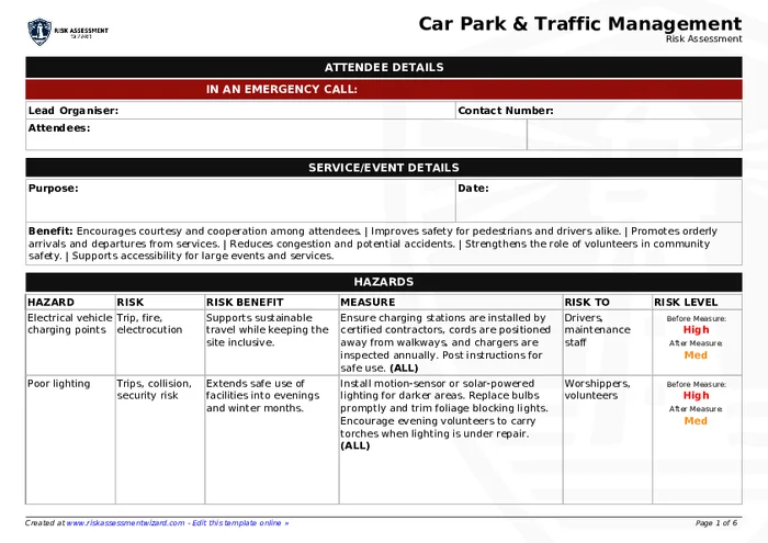 Car park & traffic management Risk Assessment | Risk Assessment Wizard