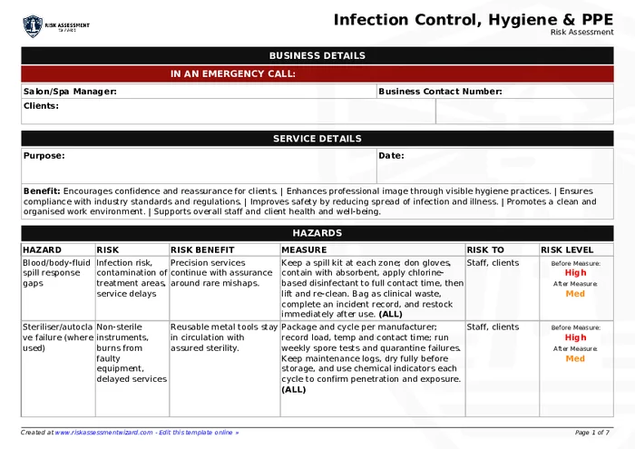 Infection control, hygiene & PPE Risk Assessment Template | Risk ...