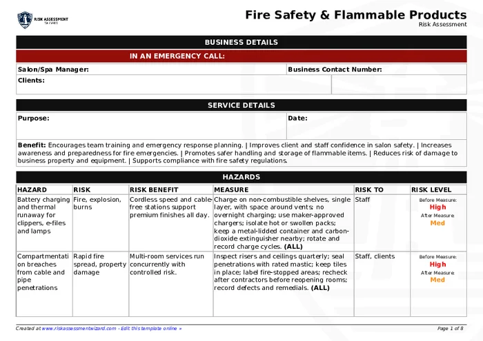 Fire safety & flammable products Risk Assessment Template | Risk ...