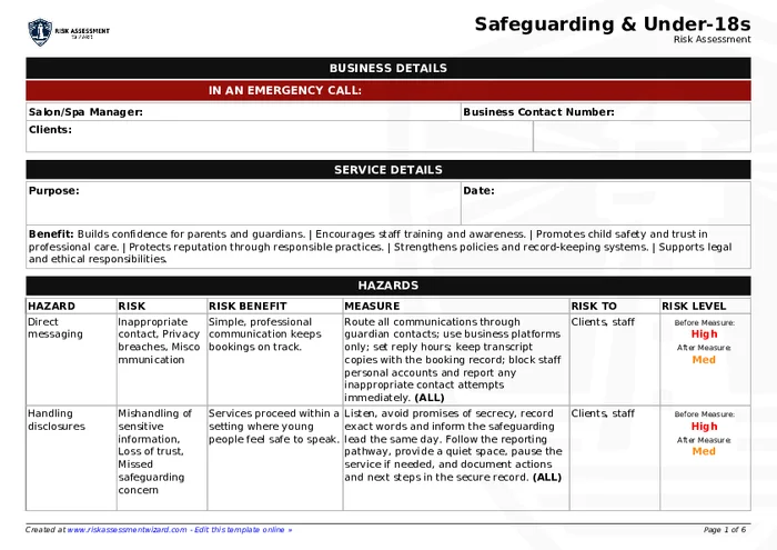 Safeguarding & under-18s Risk Assessment | Risk Assessment Wizard
