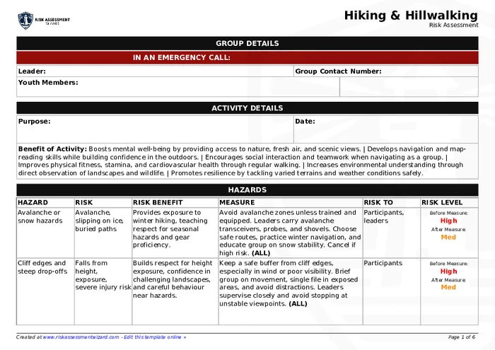 Hiking & Hillwalking Risk Assessment Template | Risk Assessment Wizard