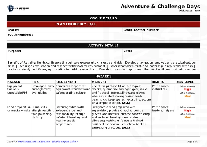 Adventure Risk Challenge Adventure & Challenge Days Risk Assessment Template | Risk Assessment ...