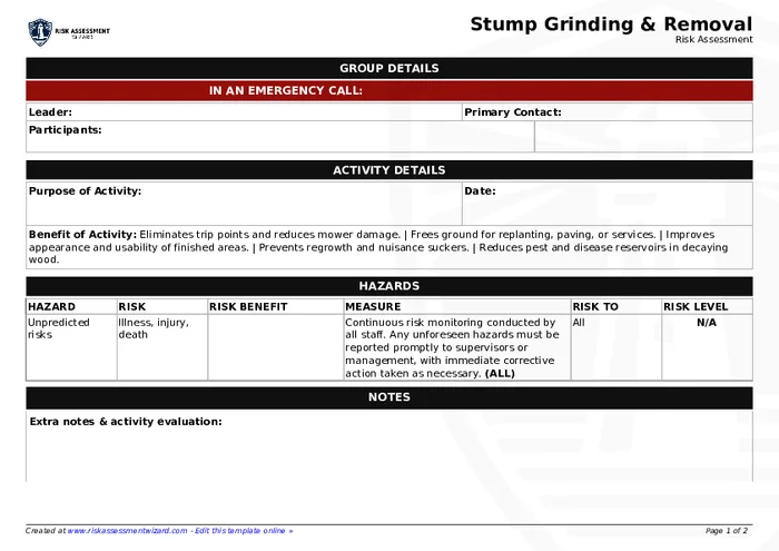 Stump Grinding & Removal Risk Assessment | Risk Assessment Wizard