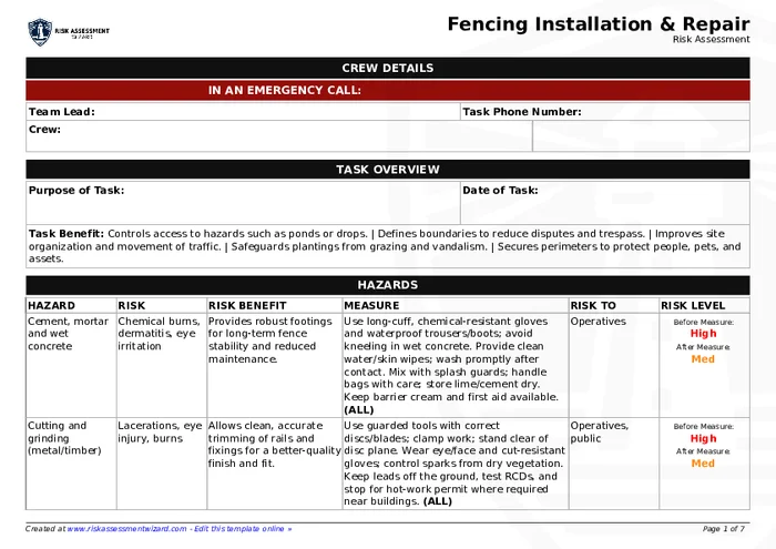 Fencing Installation & Repair Risk Assessment Template | Risk ...