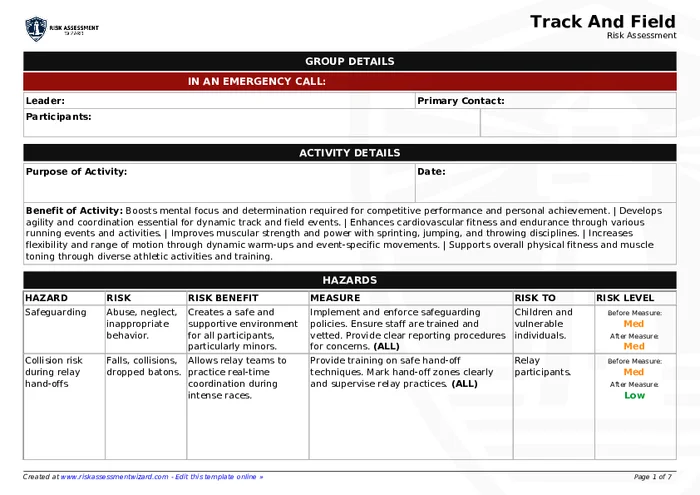 Fieldwork Risk Assessment Example Track and Field Risk Assessment Template | Risk Assessment Wizard