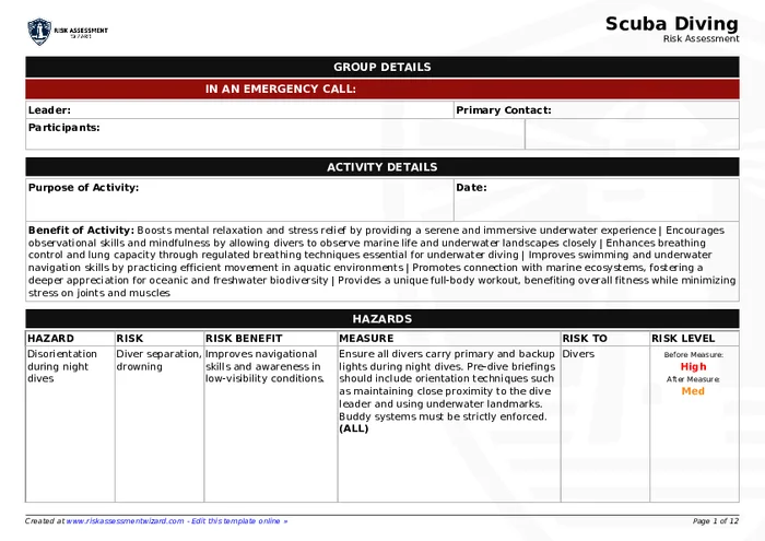 Scuba Diving Risk Assessment Template | Risk Assessment Wizard