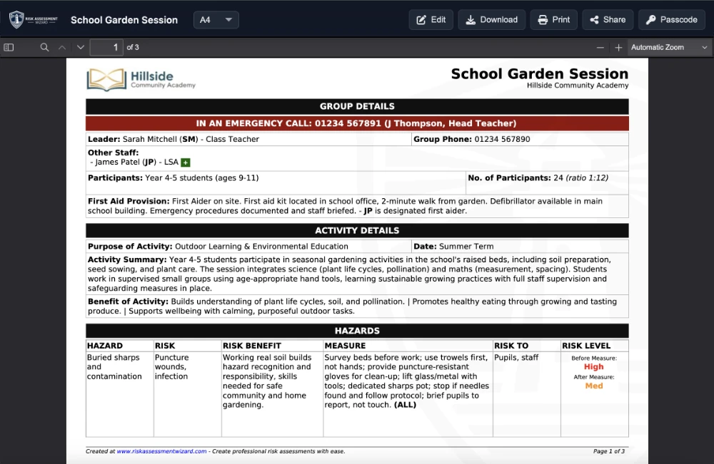 Risk assessment example PDF generated by Risk Assessment Wizard